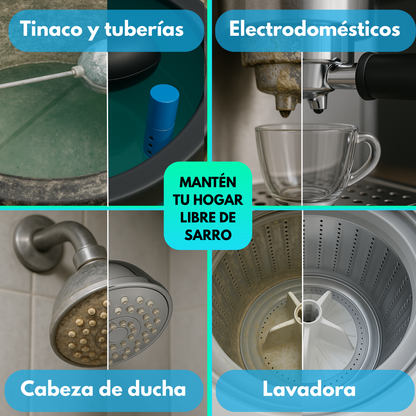 Comparativa de antes y después del sistema antisarro en tinacos, regaderas, cafeteras y lavadoras industriales.