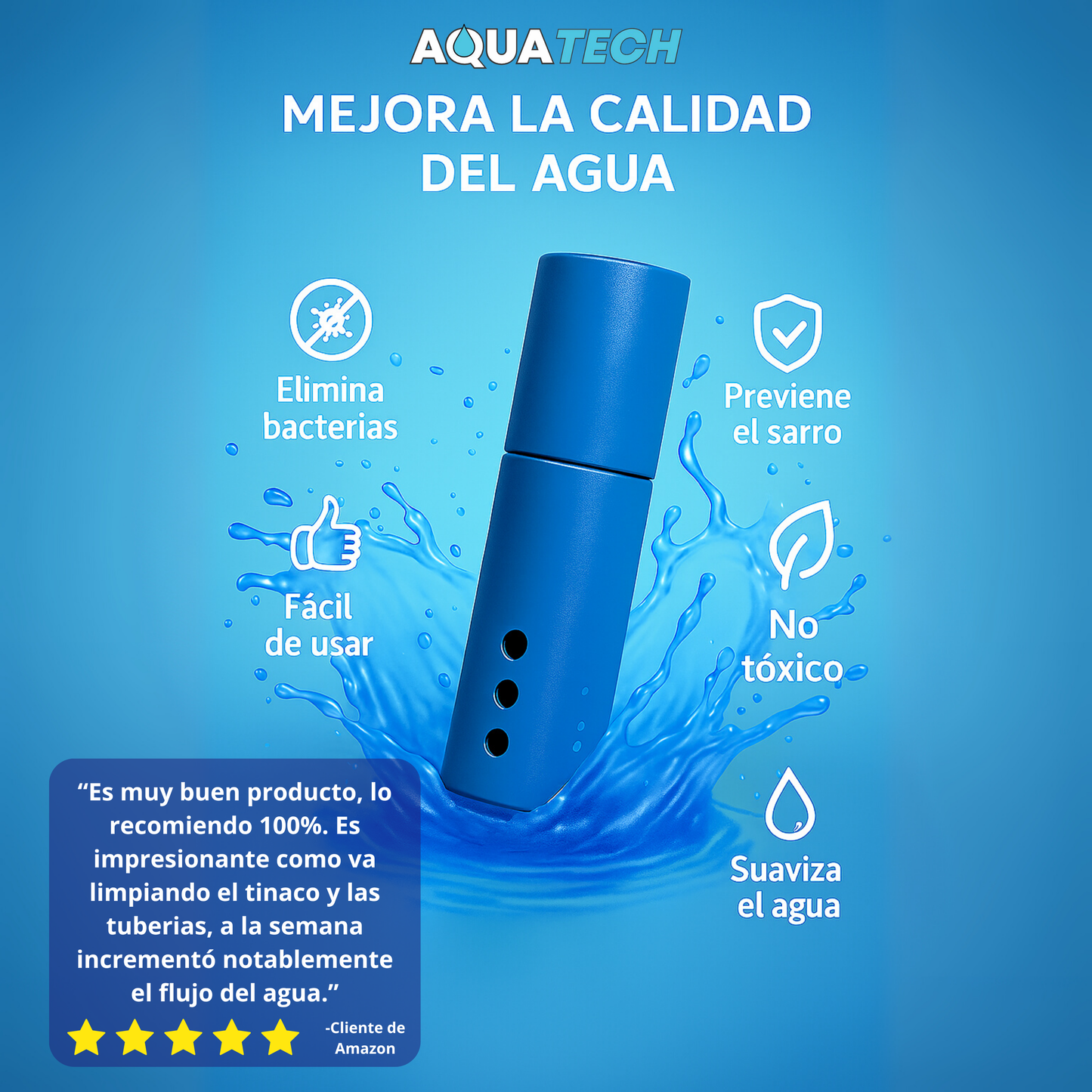 Sistema Dual Antisarro y Desinfectante AquaTech para cisterna industrial con beneficios de limpieza de agua.