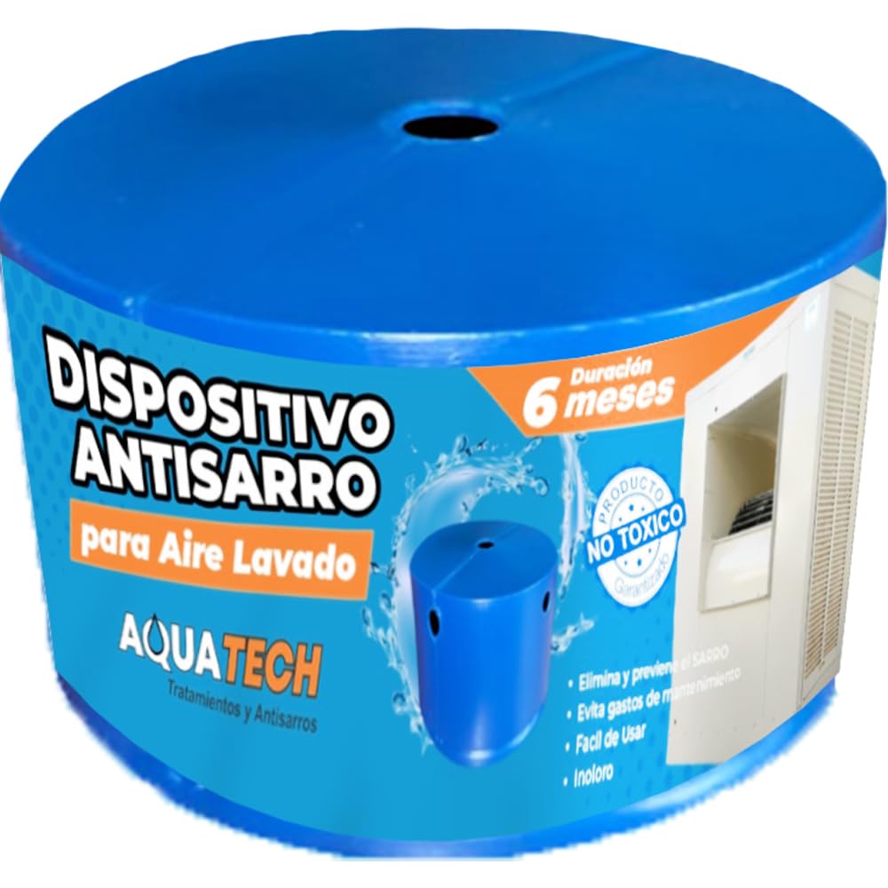 Dispositivo antisarro azul AquaTech para aire lavado con duración de 6 meses, no tóxico y fácil de usar.
