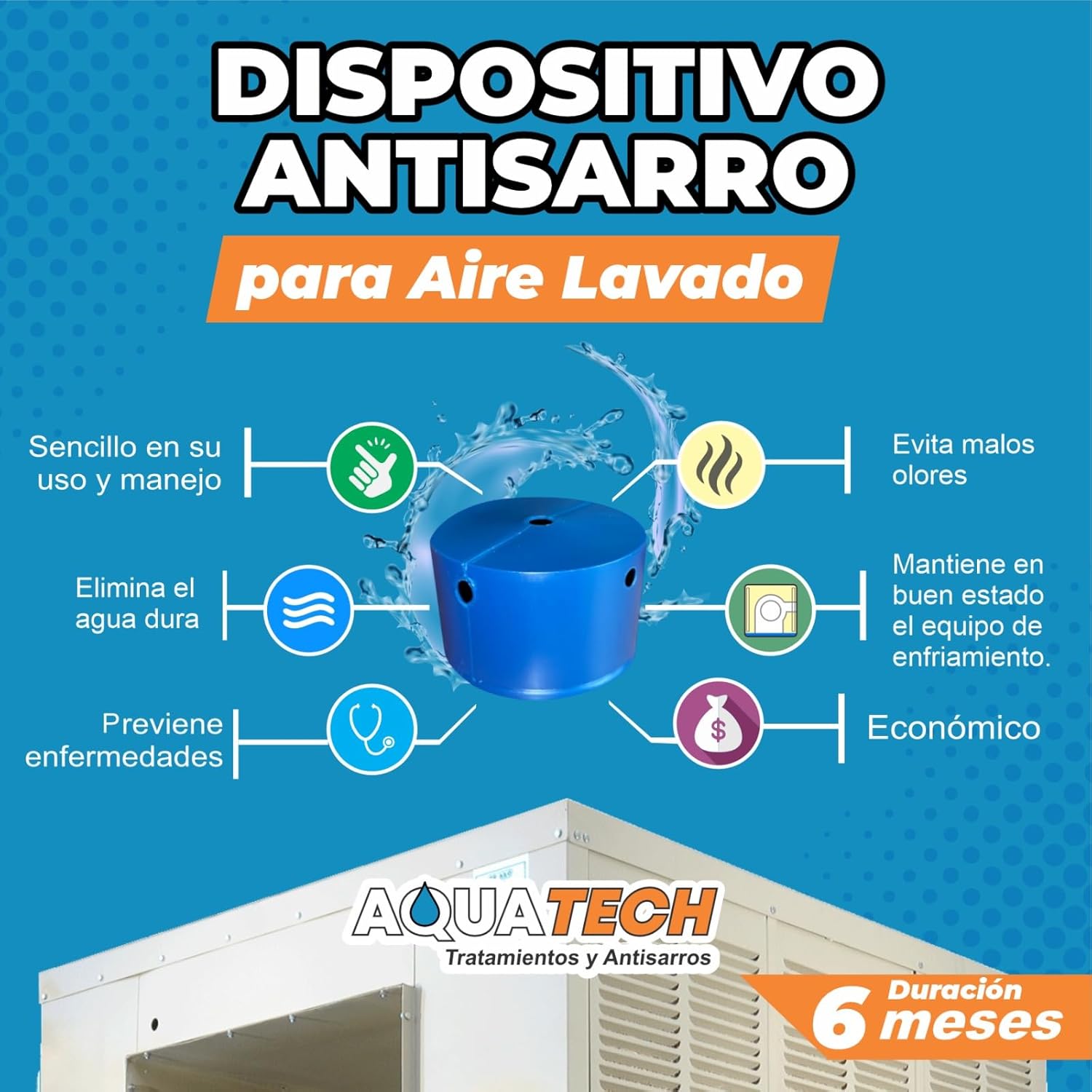 Dispositivo antisarro azul AquaTech para aire lavado con duración de 6 meses e infografía de beneficios de mantenimiento.