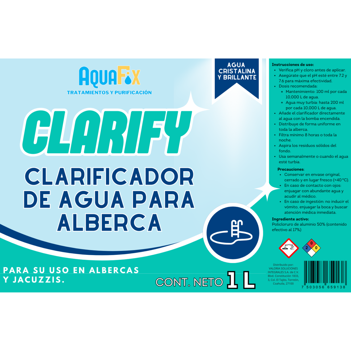 Clarificador para Albercas y Piscinas Clarify 1L. Tratamiento Profundo