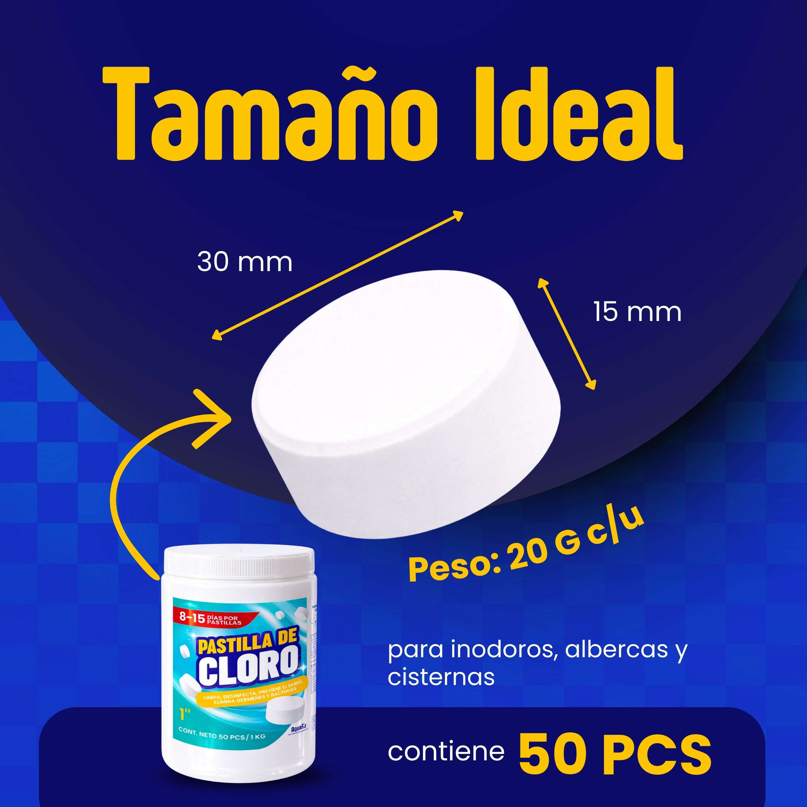 50 Pastillas de Tricloro 1'' para Albercas, Jacuzzis, Depósitos
