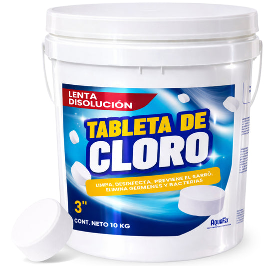 AQUAFIX 10 KG Tabletas Tricloro 3'' para Albercas, Jacuzzis, Depósitos
