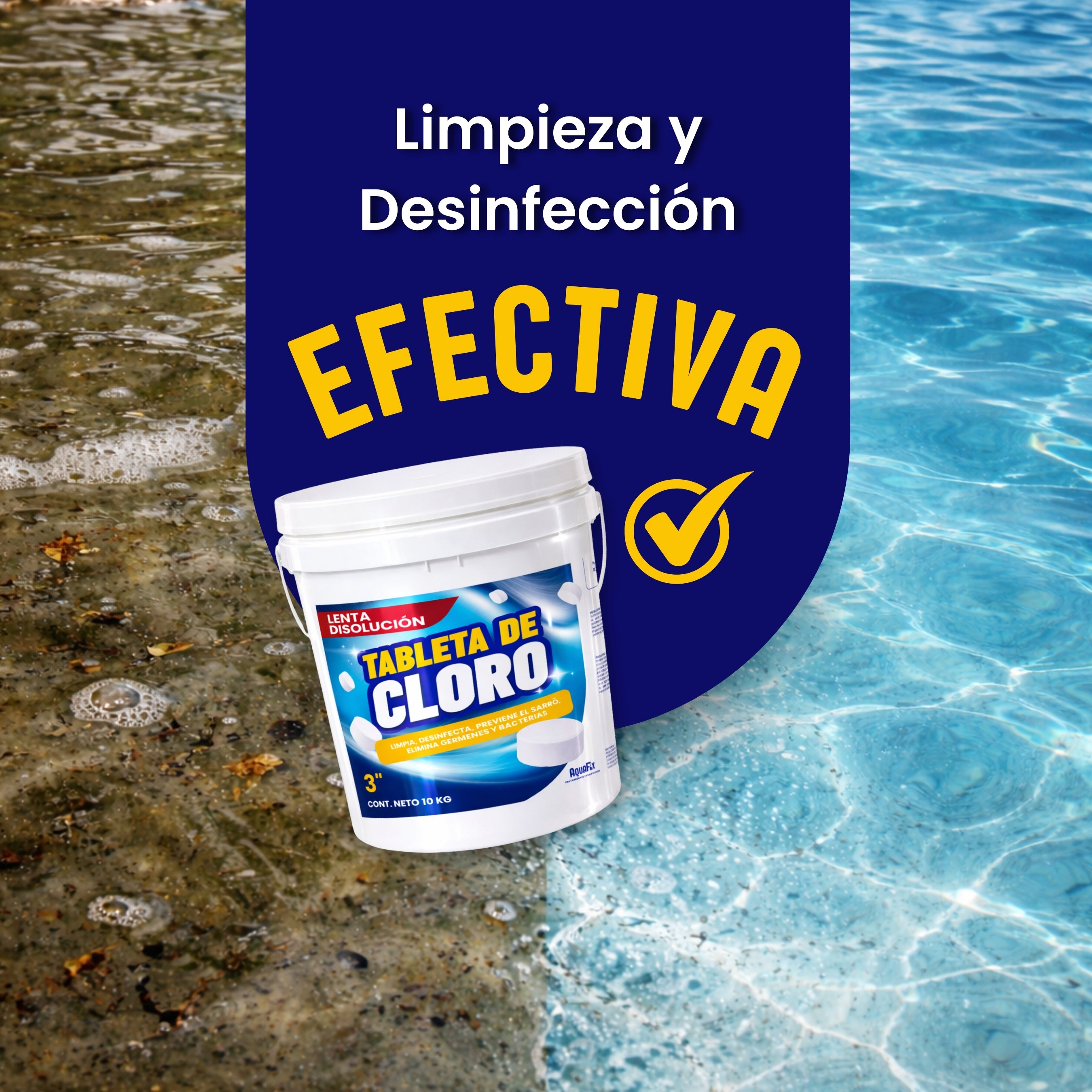 AQUAFIX 10 KG Tabletas Tricloro 3'' para Albercas, Jacuzzis, Depósitos