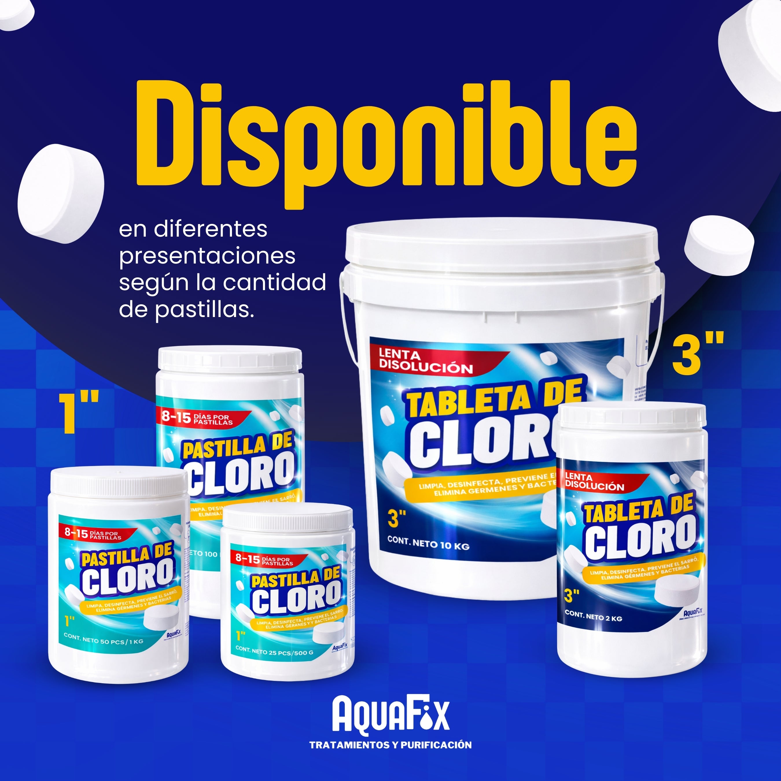 AQUAFIX 10 KG Tabletas Tricloro 3'' para Albercas, Jacuzzis, Depósitos