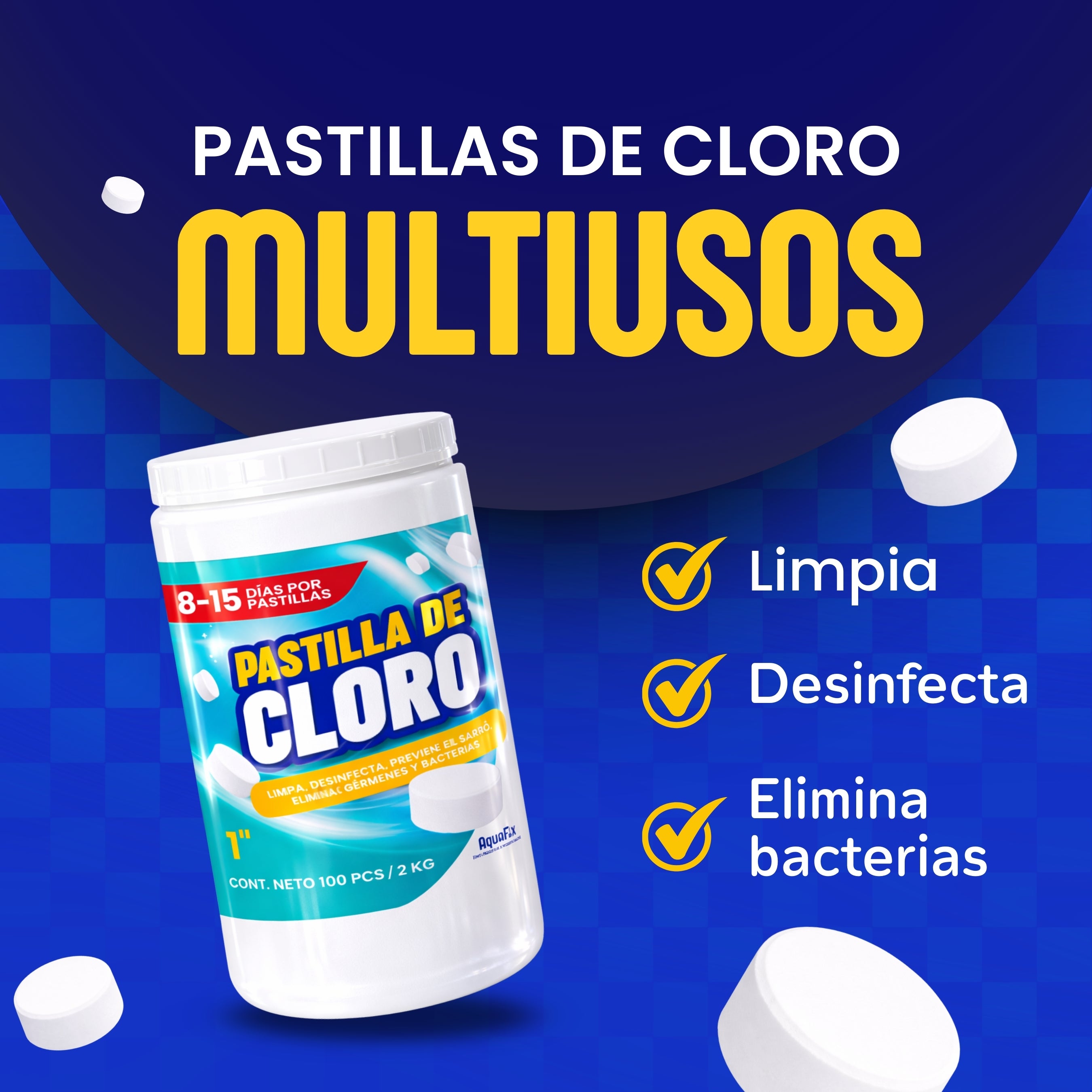 100 Pastillas Tricloro 1'' 2Kg  para Albercas, Jacuzzis, Depósitos