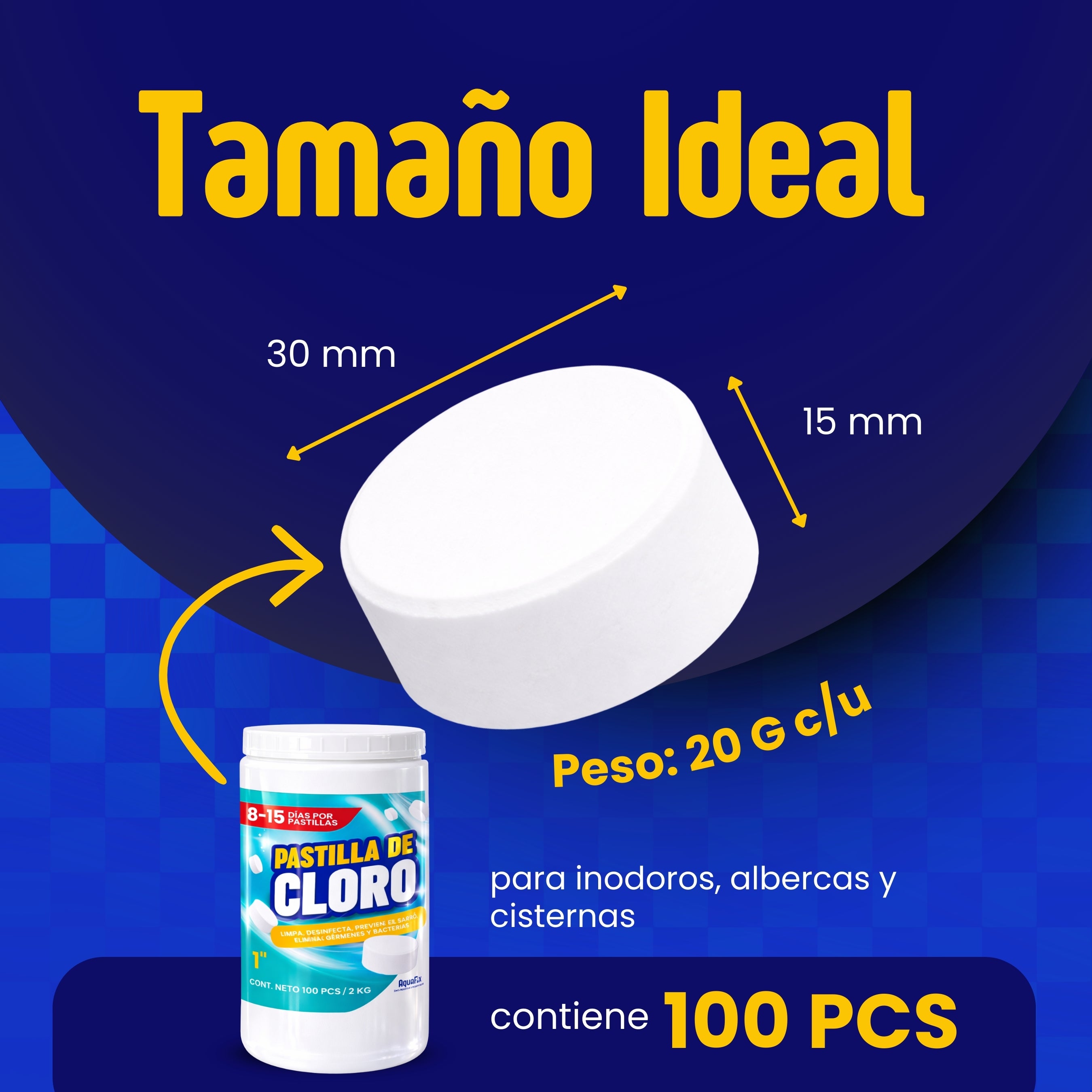 100 Pastillas Tricloro 1'' 2Kg  para Albercas, Jacuzzis, Depósitos