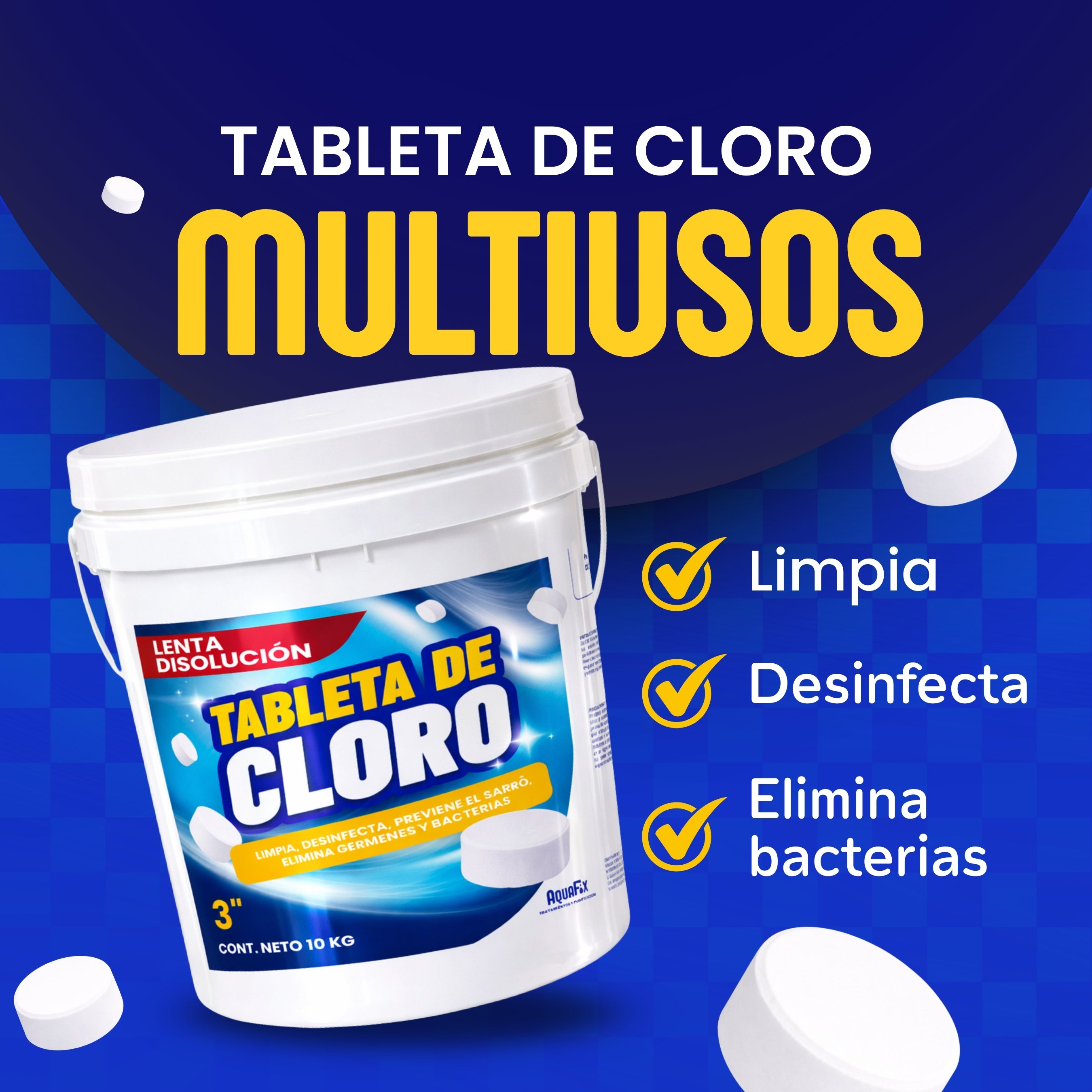 AQUAFIX 10 KG Tabletas Tricloro 3'' para Albercas, Jacuzzis, Depósitos
