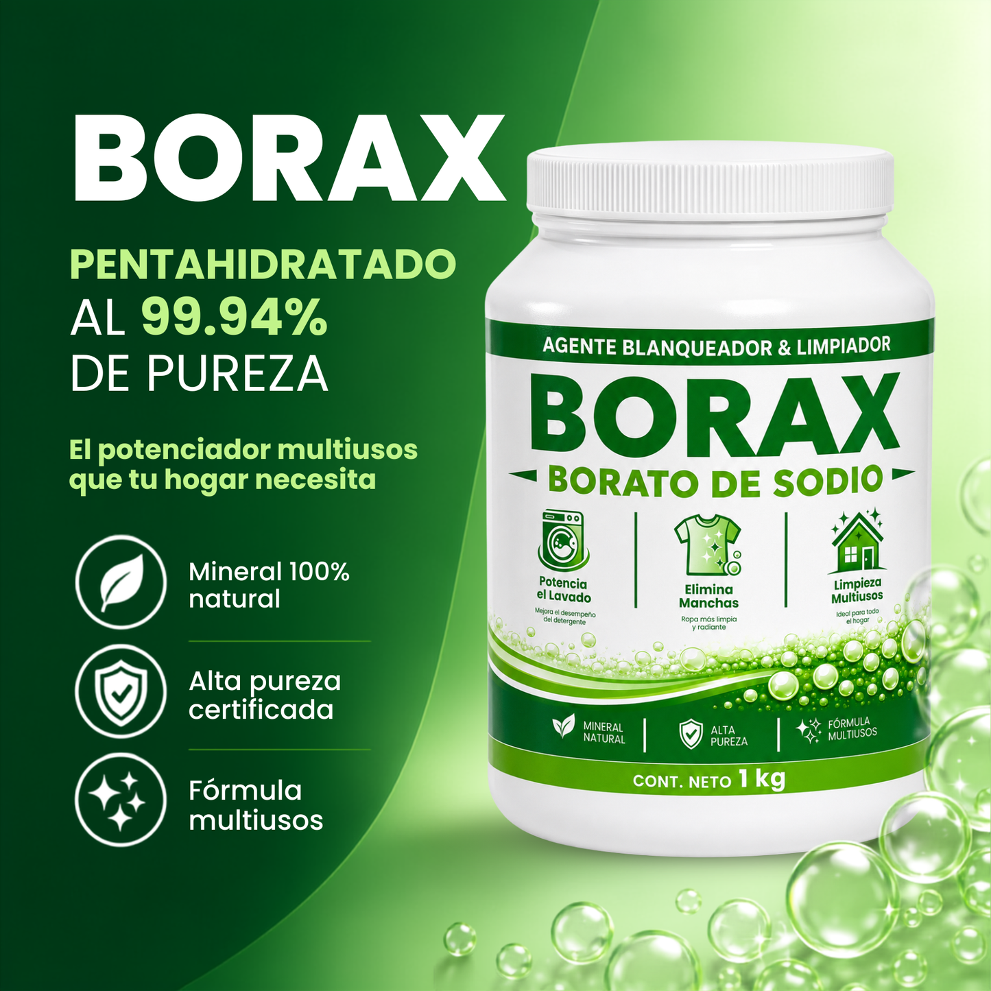 Bórax en Polvo 1 kg Borato de Sodio Pentahidratado 99.94% de Alta Pureza